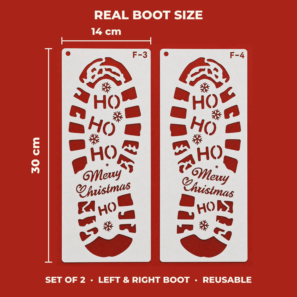 Santa footprint stencil size: each stencil 30 cm by 14 cm, set of 2, left and right boot, reusable