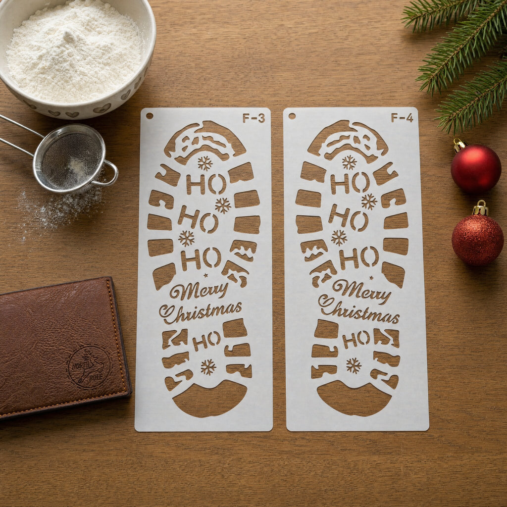 Santa footprint stencils on a kitchen table with a bowl of flour, a sieve and Santa's Lost Wallet, ready for Christmas Eve