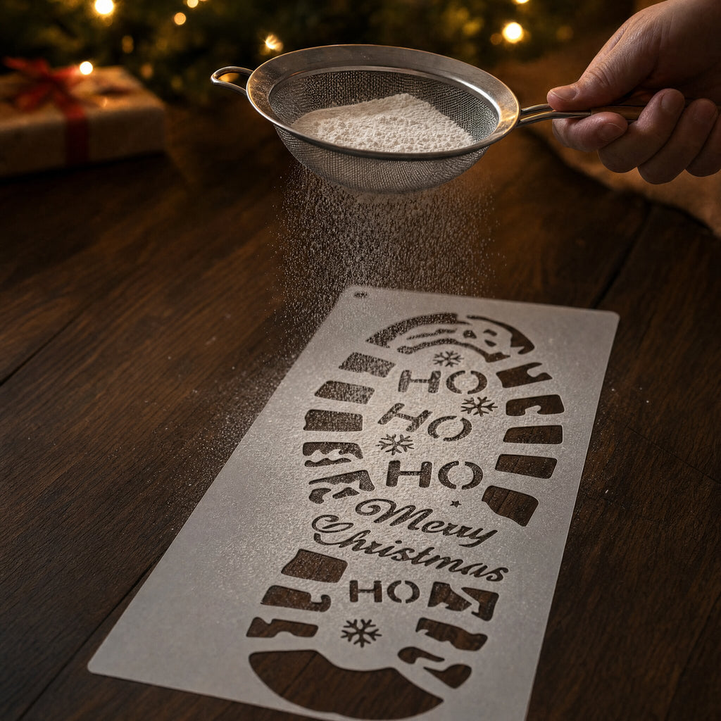 Sieving flour over a Santa boot-print stencil on a wooden floor on Christmas Eve