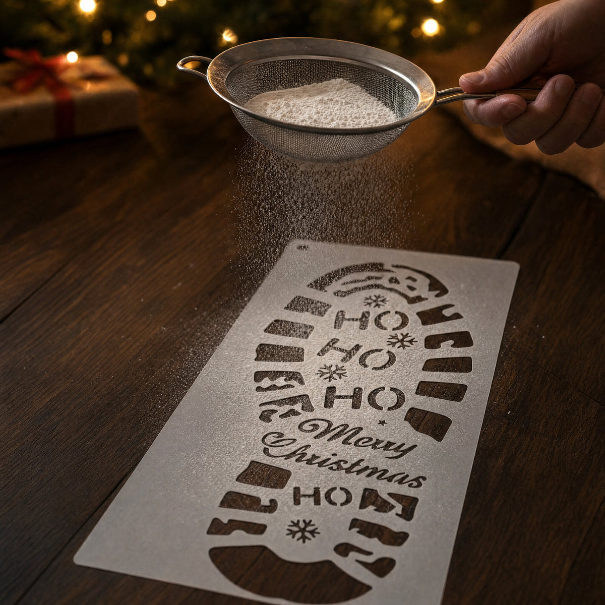 Sieving flour over a Santa boot-print stencil on a wooden floor on Christmas Eve