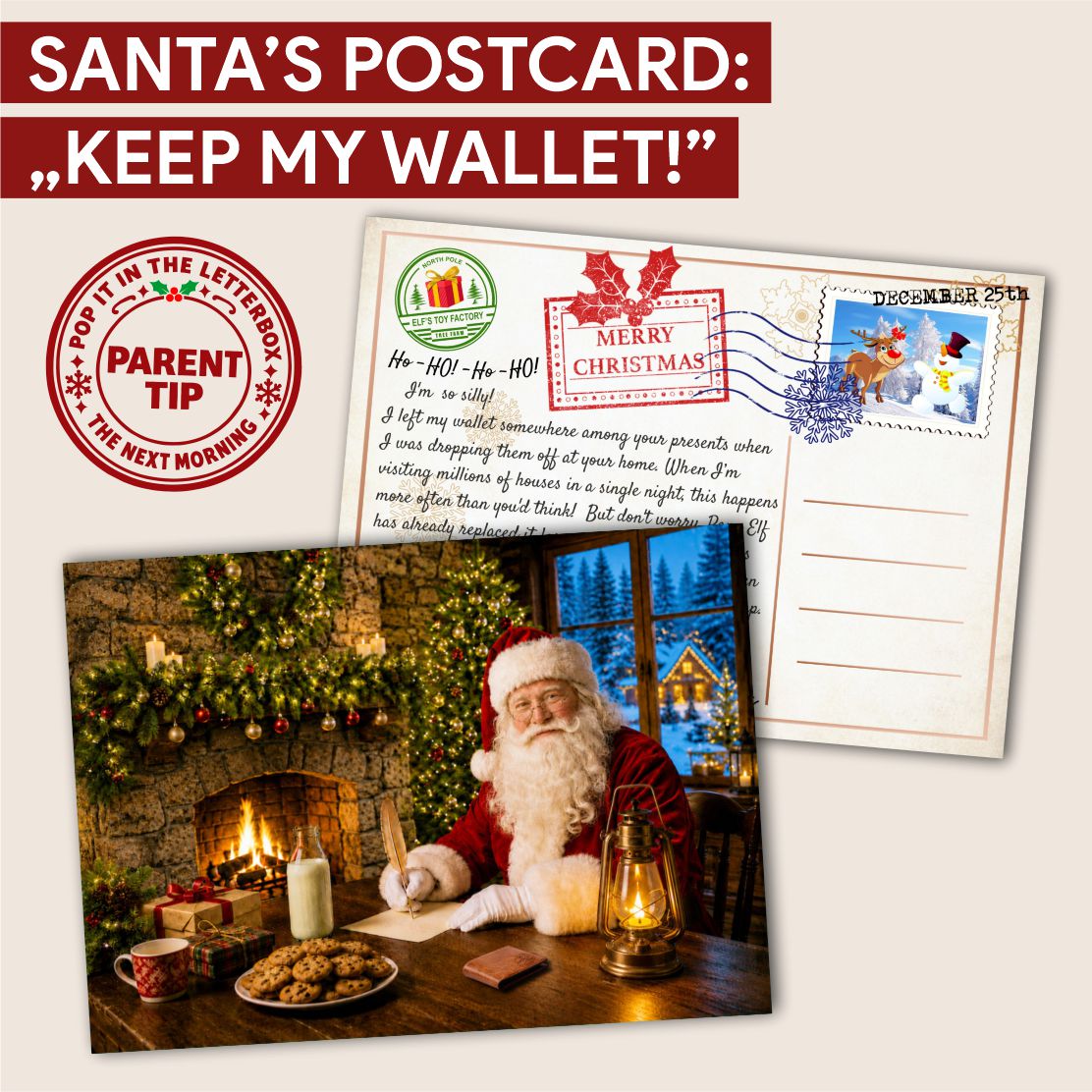 Santa's postcard asking the child to keep his wallet, with a picture of Santa writing it by the fire