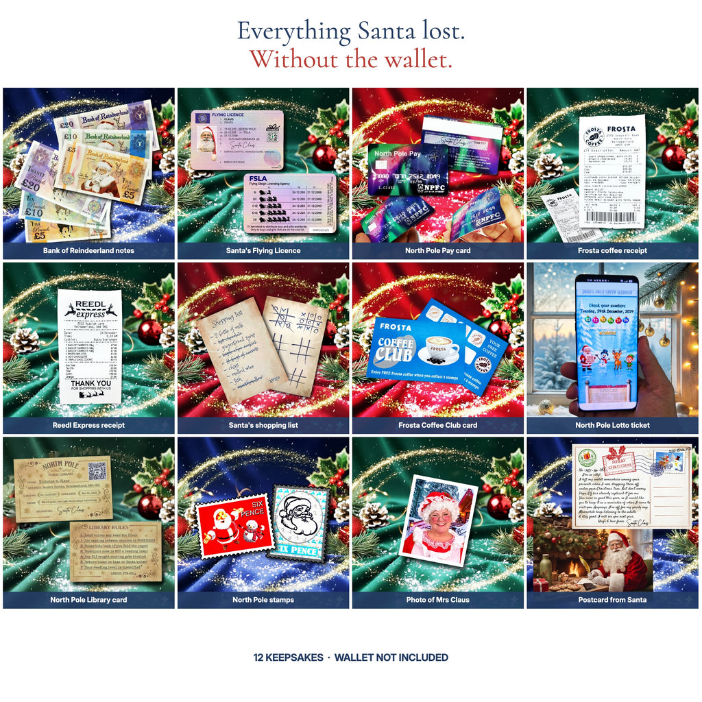 Everything in Santa's Lost Wallet Contents - twelve keepsakes, wallet not included