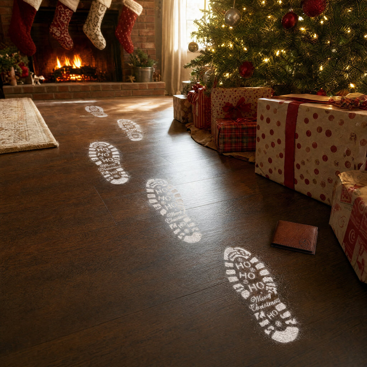 A trail of Santa's flour boot prints from the fireplace to the Christmas tree, ending where he dropped his wallet