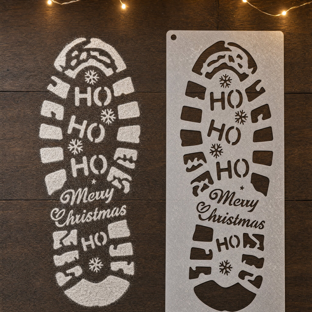 A finished flour Santa footprint next to the stencil that made it, showing HO HO HO and Merry Christmas in the print