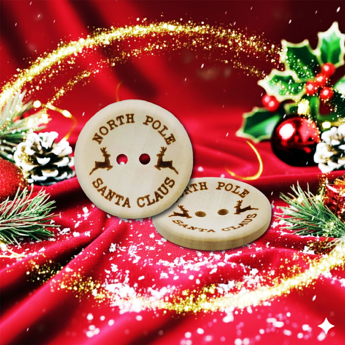 Wooden North Pole Santa Claus buttons