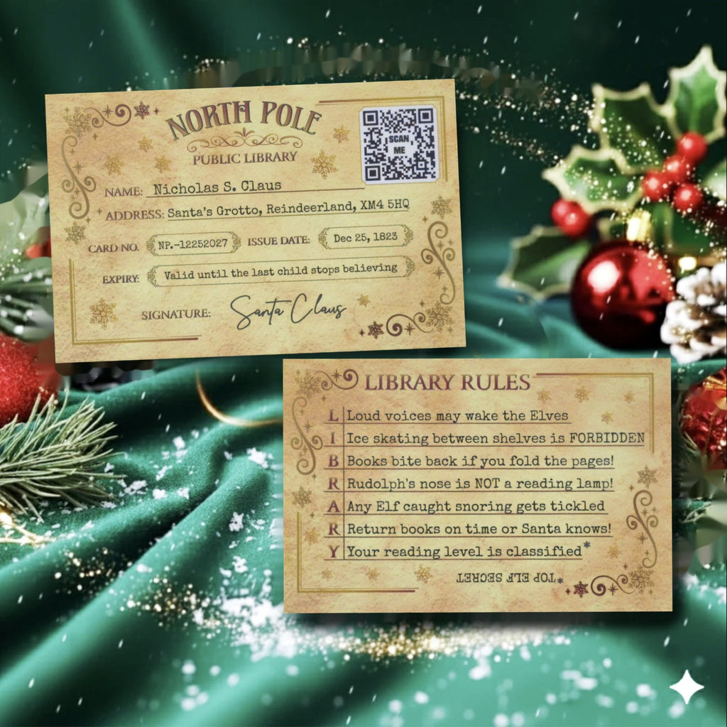 North Pole Public Library card - scan it to see what Santa has been reading