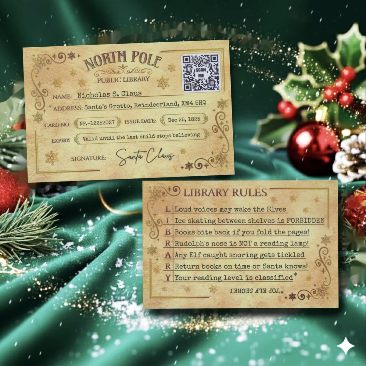 North Pole Public Library card - scan it to see what Santa has been reading