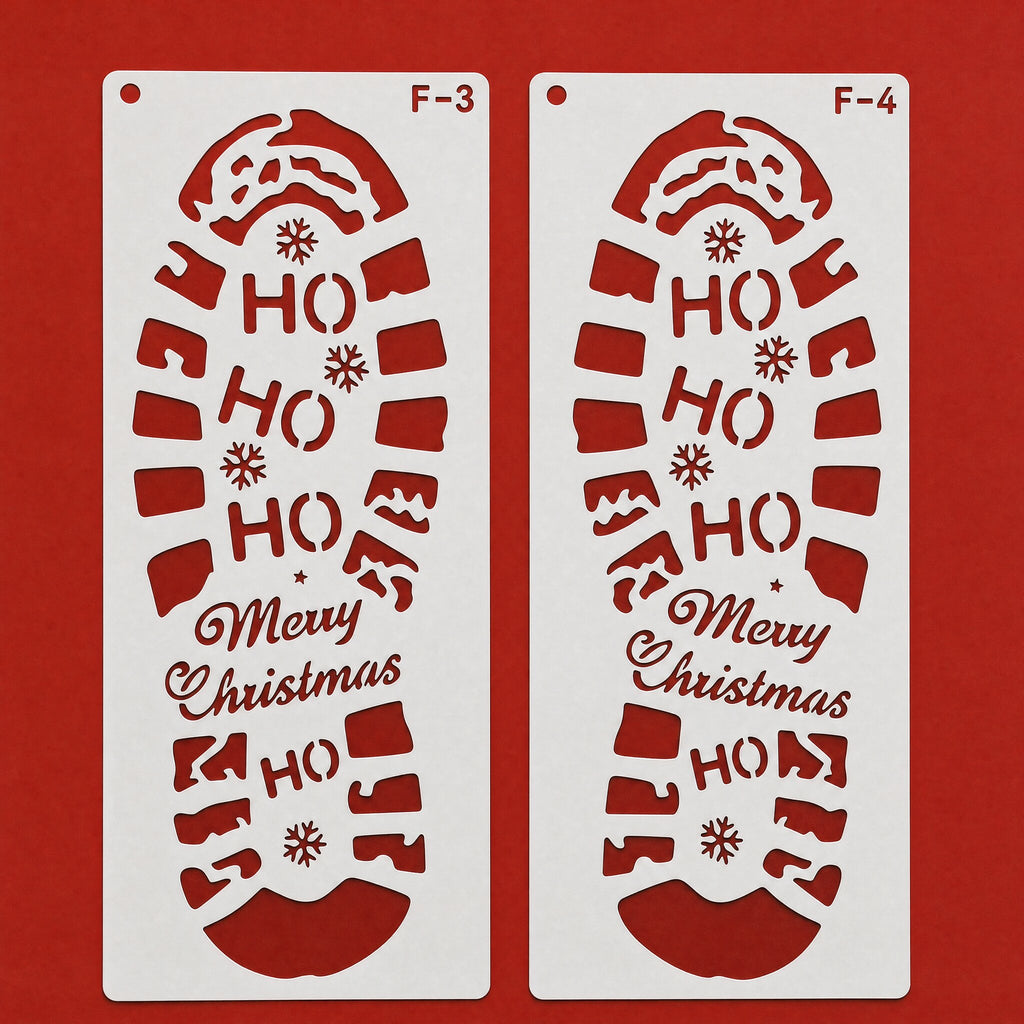 Santa's Footprint Stencils, a set of two reusable white boot-print stencils, left and right, with HO HO HO and Merry Christmas cut into the sole