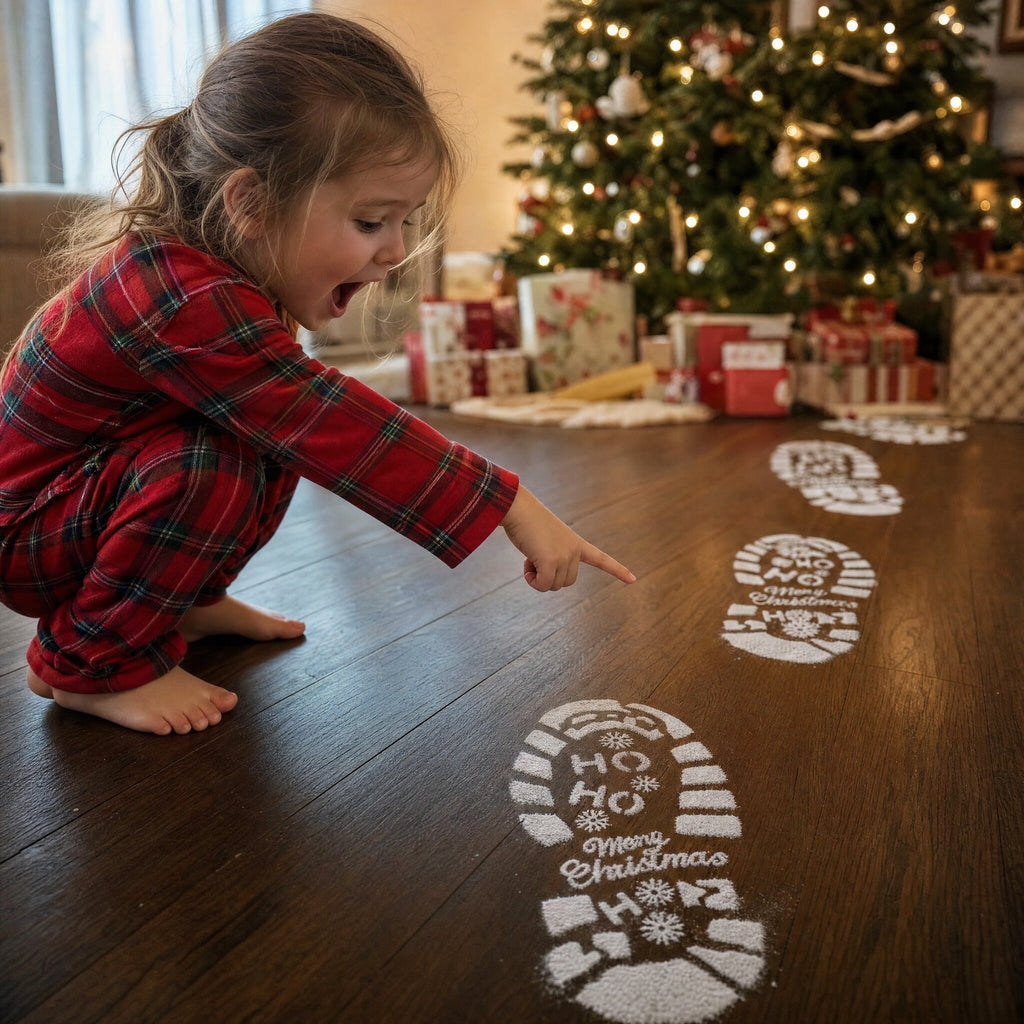 A little girl in Christmas pyjamas pointing at Santa's footprints on Christmas morning