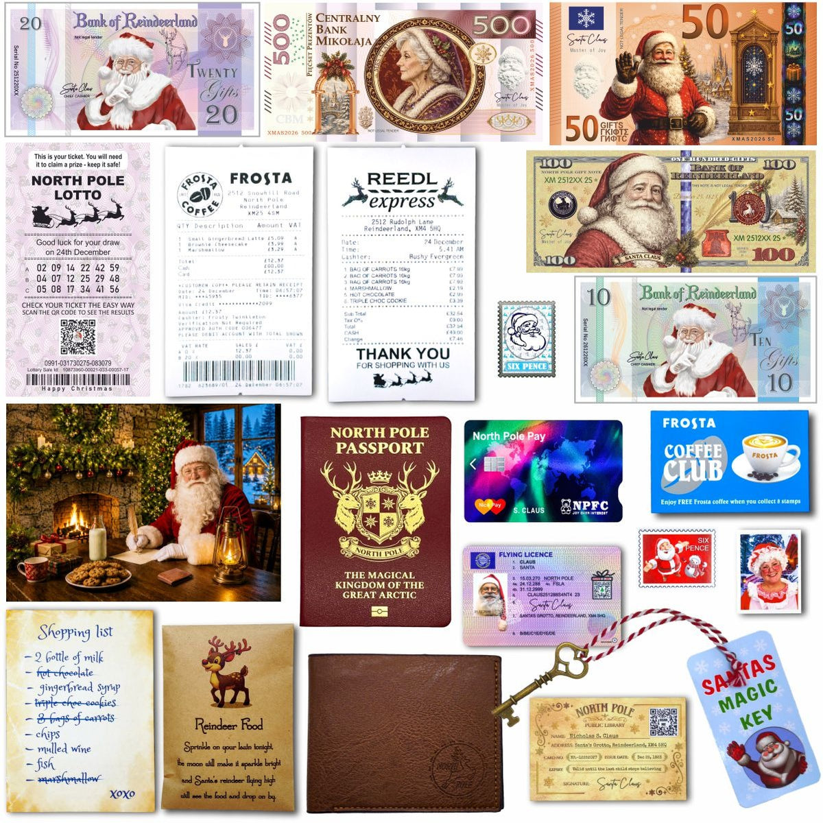 Everything in The Ultimate Santa Evidence Kit laid out: Santa's Lost Wallet and its contents, Santa's Lost Passport, Santa's Magic Key and Magical Reindeer Food