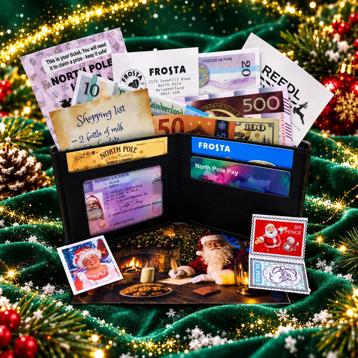 Santa's Lost Wallet packed with banknotes, receipts, cards and his Flying Licence
