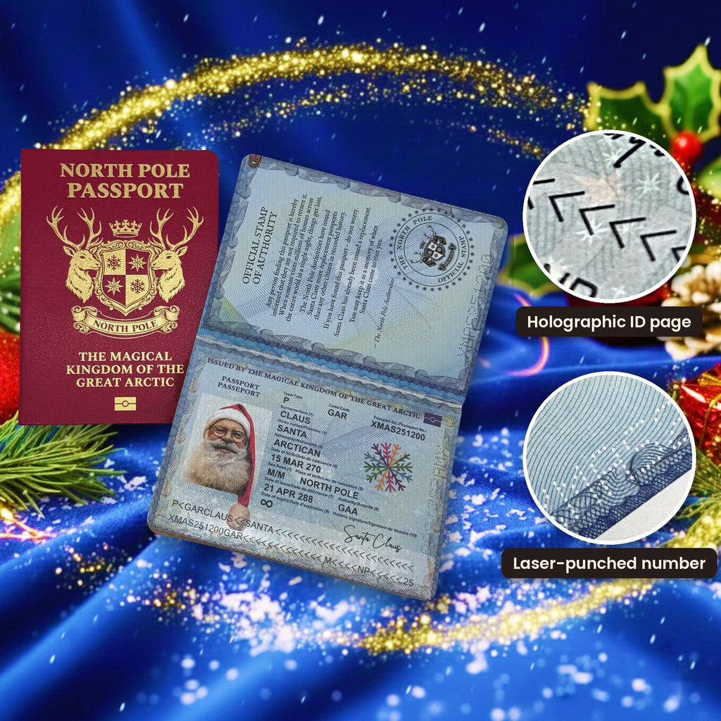Santa's Lost Passport, gold foil front cover and hologram ID page, with close-ups of the hologram and laser-punched number