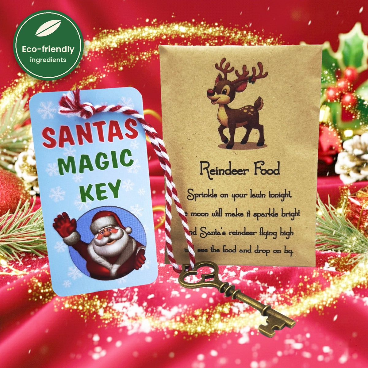 Santa's Magic Key on red and white twine with Magical Reindeer Food, eco-friendly ingredients badge