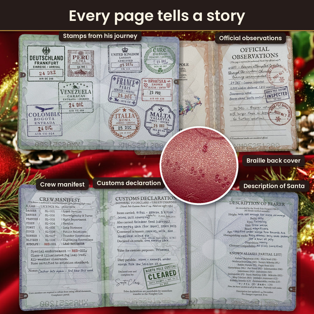 Every page tells a story: passport stamps, official observations, crew manifest, customs declaration, description of Santa and the Braille back cover