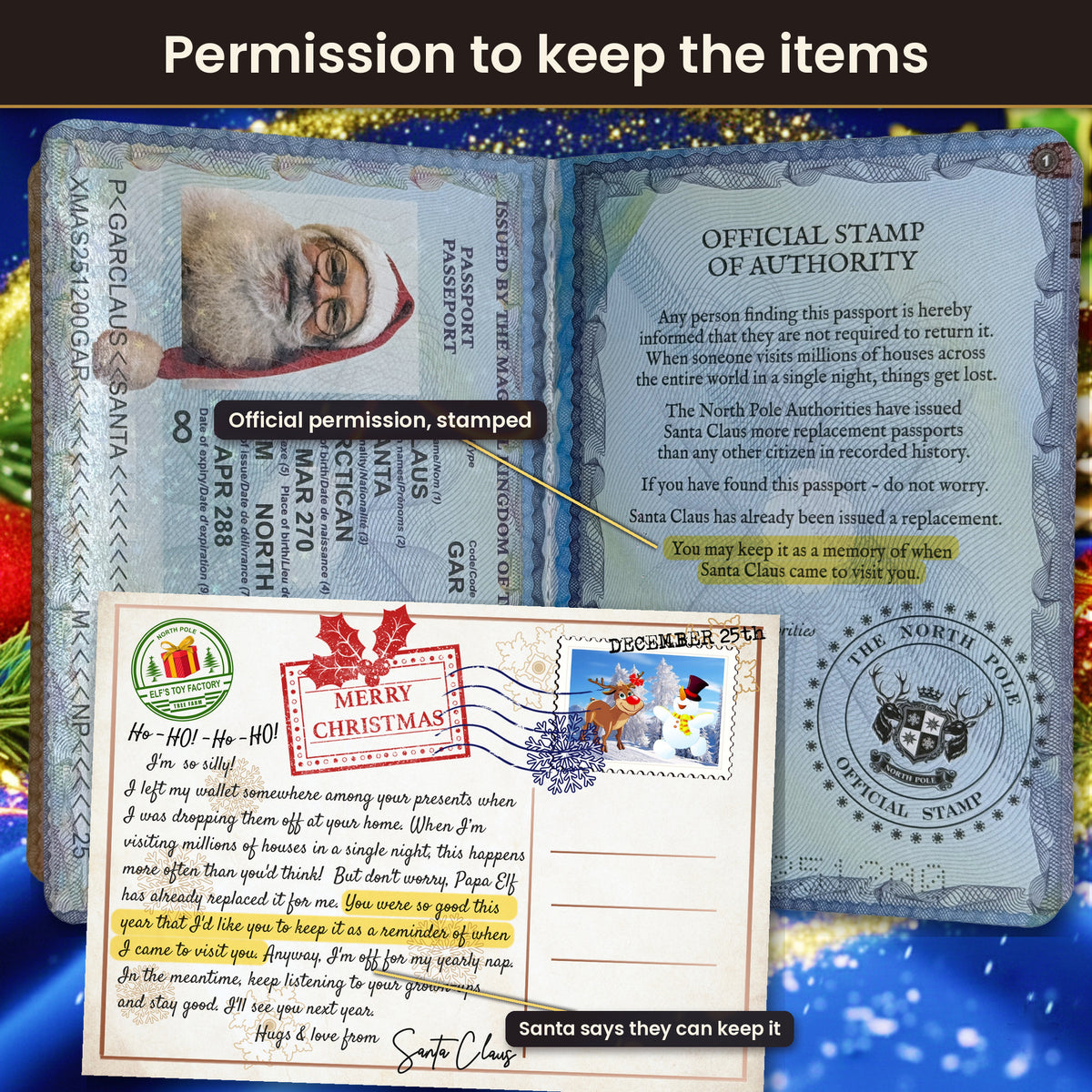 Permission to keep the items: the passport's Official Stamp of Authority page and Santa's postcard