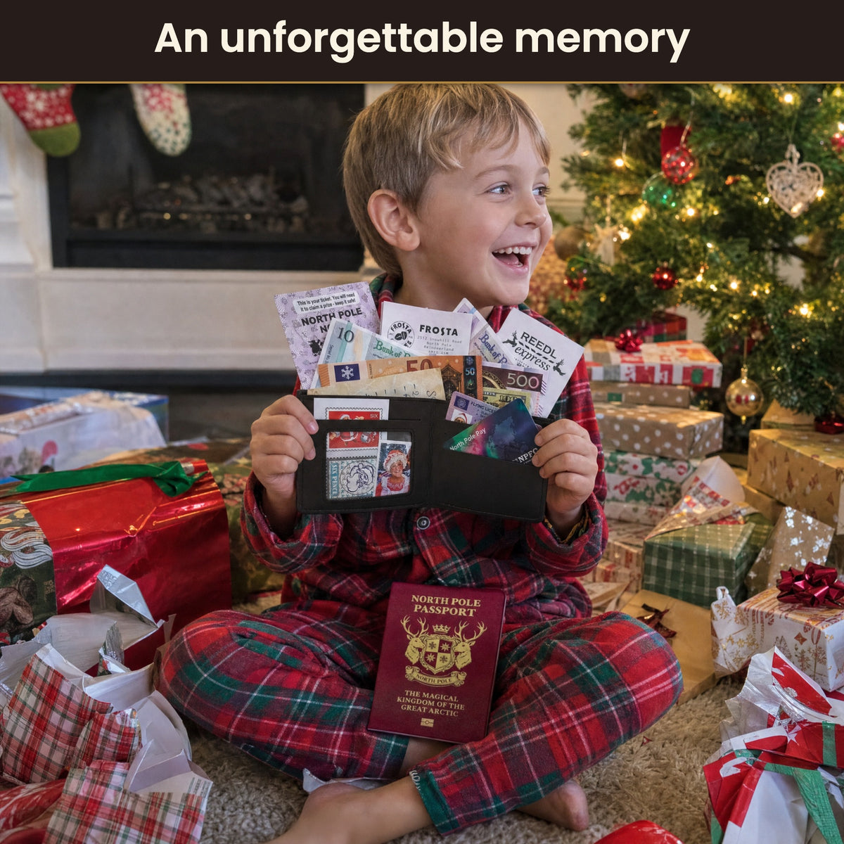 A child on Christmas morning laughing as they show off Santa's open wallet, with his passport on their lap
