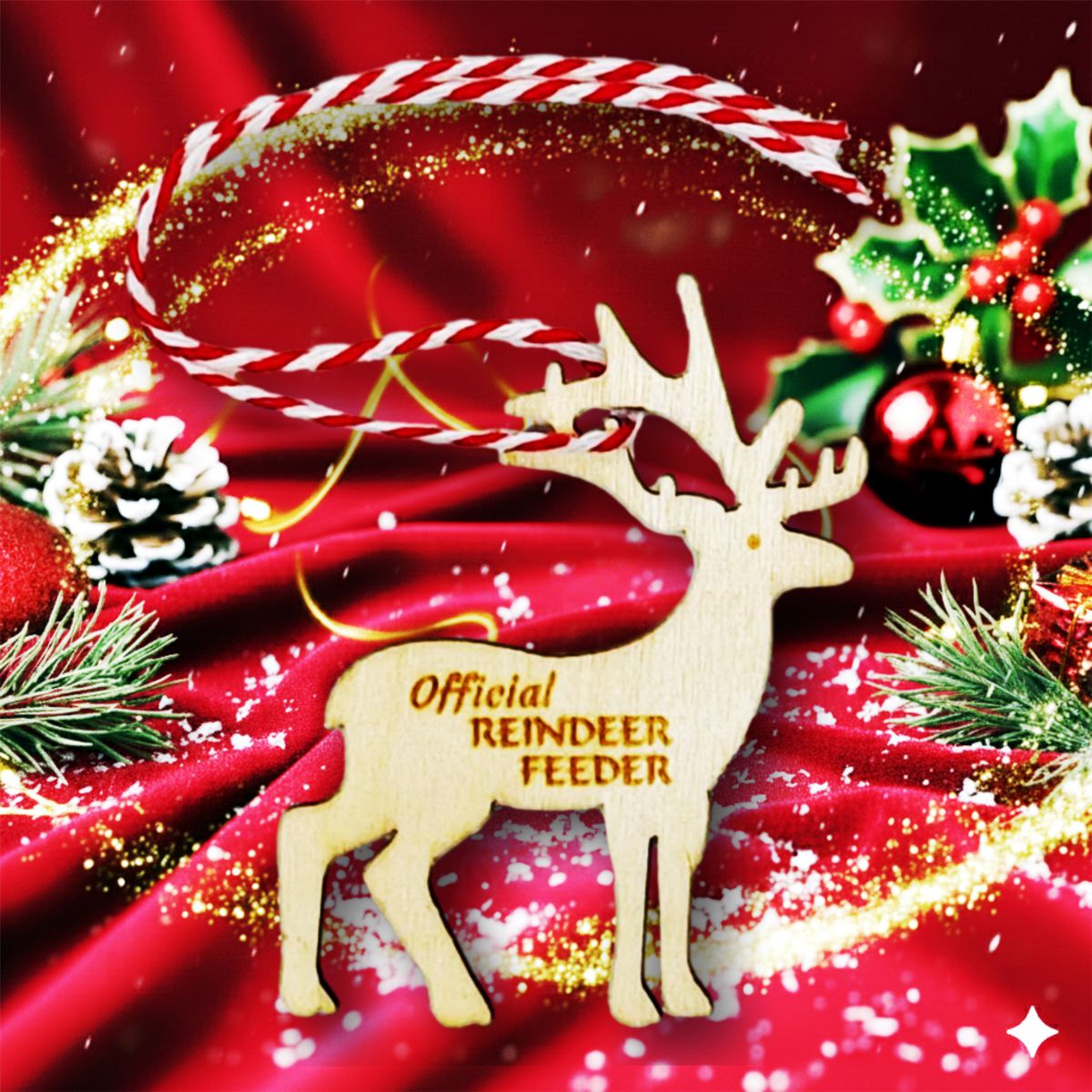 Wooden Official Reindeer Feeder reindeer medal on red and white twine