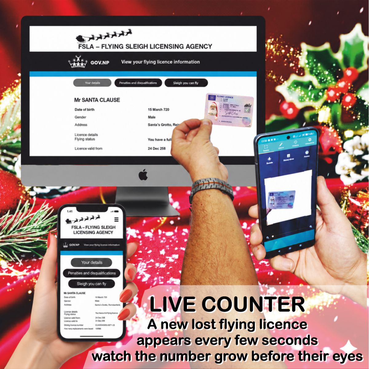 Scanning Santa's Flying Licence opens his online licence record, with a live counter of lost licences