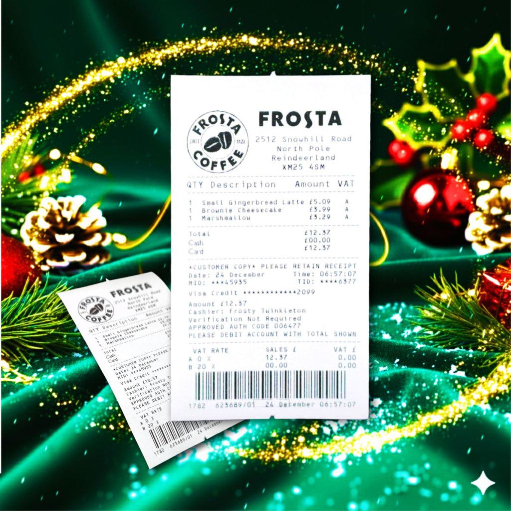 Santa's Christmas Eve Frosta coffee receipt on real thermal till paper
