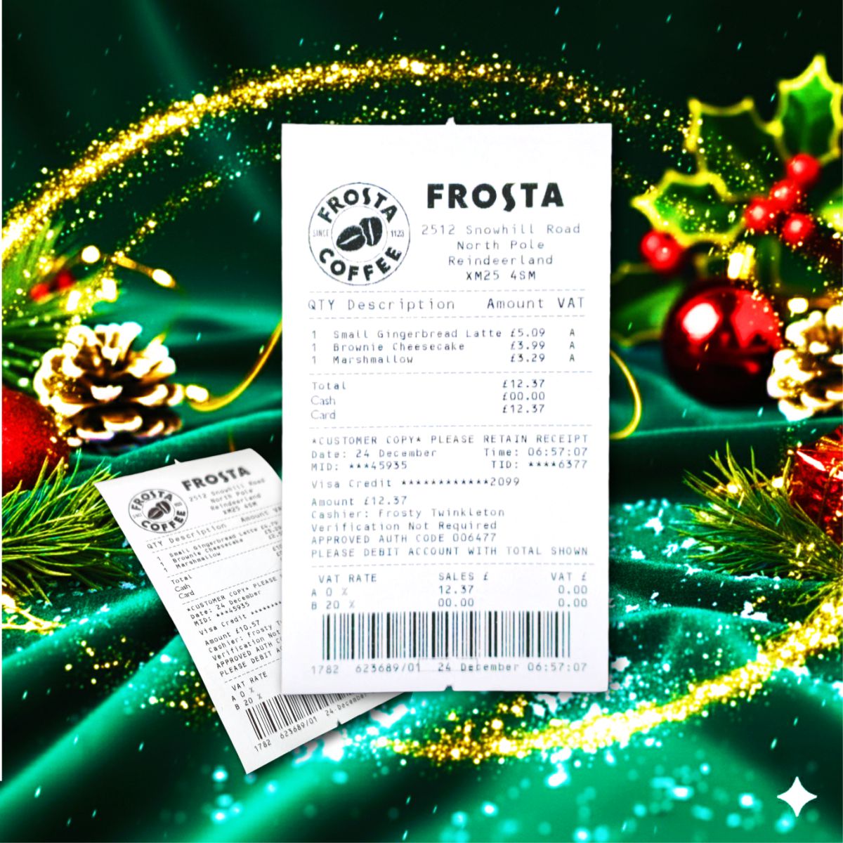 Santa's Christmas Eve Frosta coffee receipt on real thermal till paper