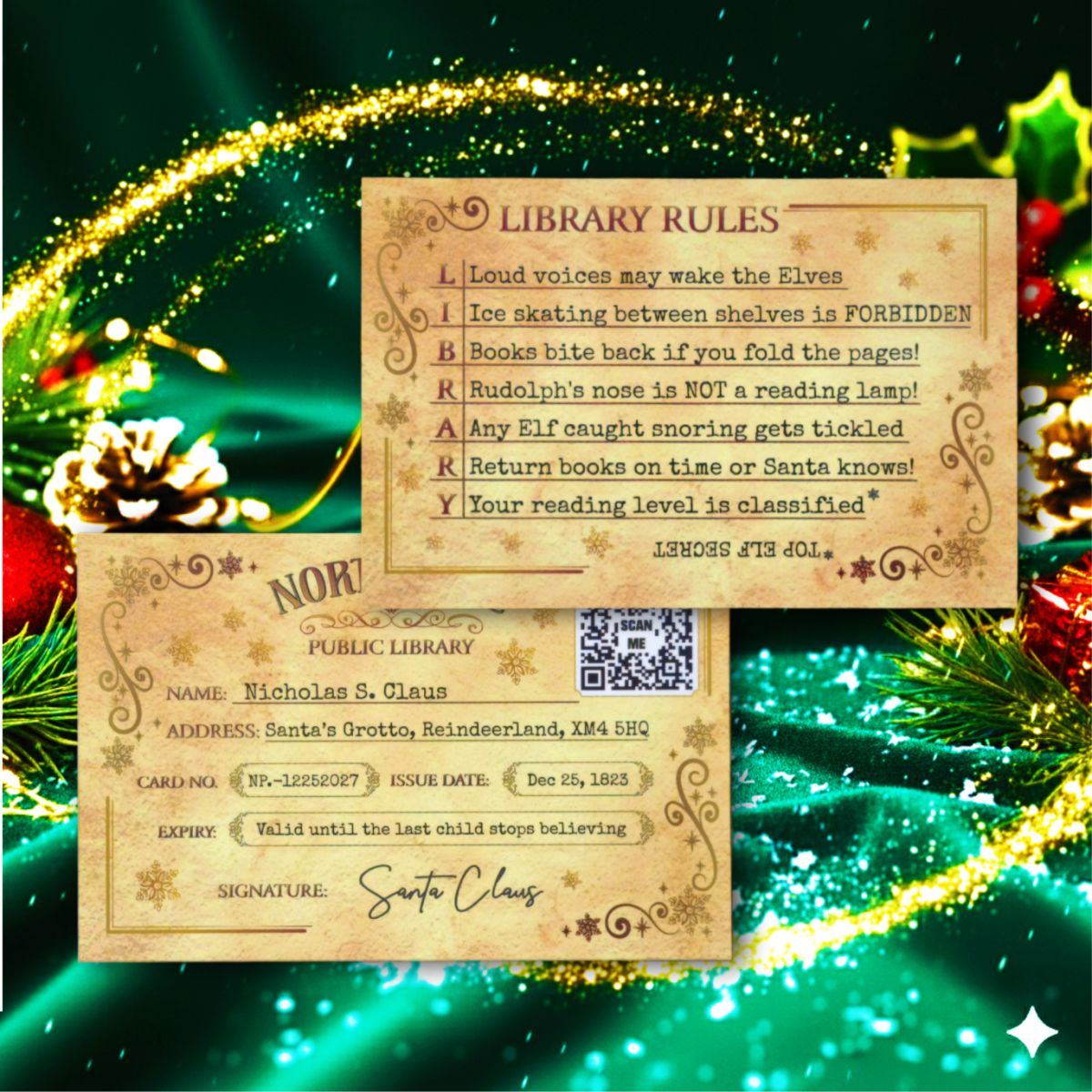 Santa's North Pole Public Library card with the library rules on the back