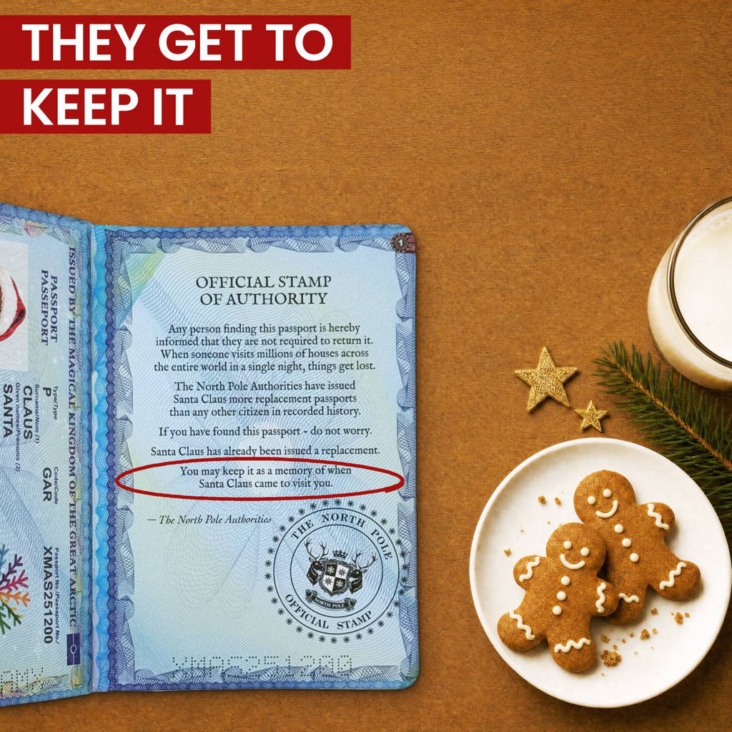 The passport page telling the finder they may keep Santa's Lost Passport as a memory of when Santa came to visit