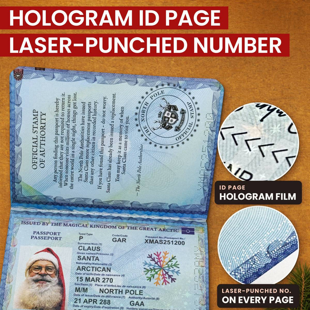 Santa's passport ID page under holographic film, with the passport number laser-punched through every page