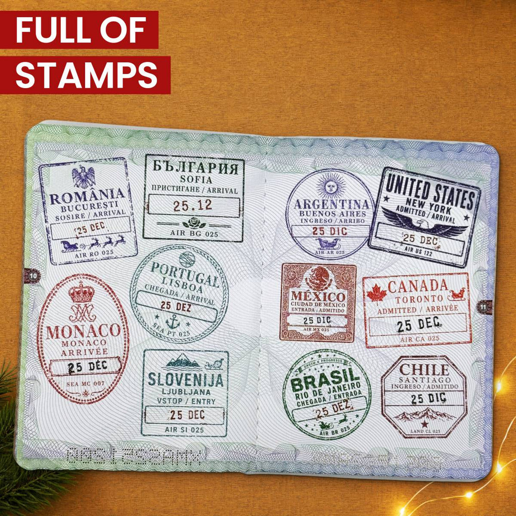 Santa's passport pages full of Christmas Day stamps from countries around the world