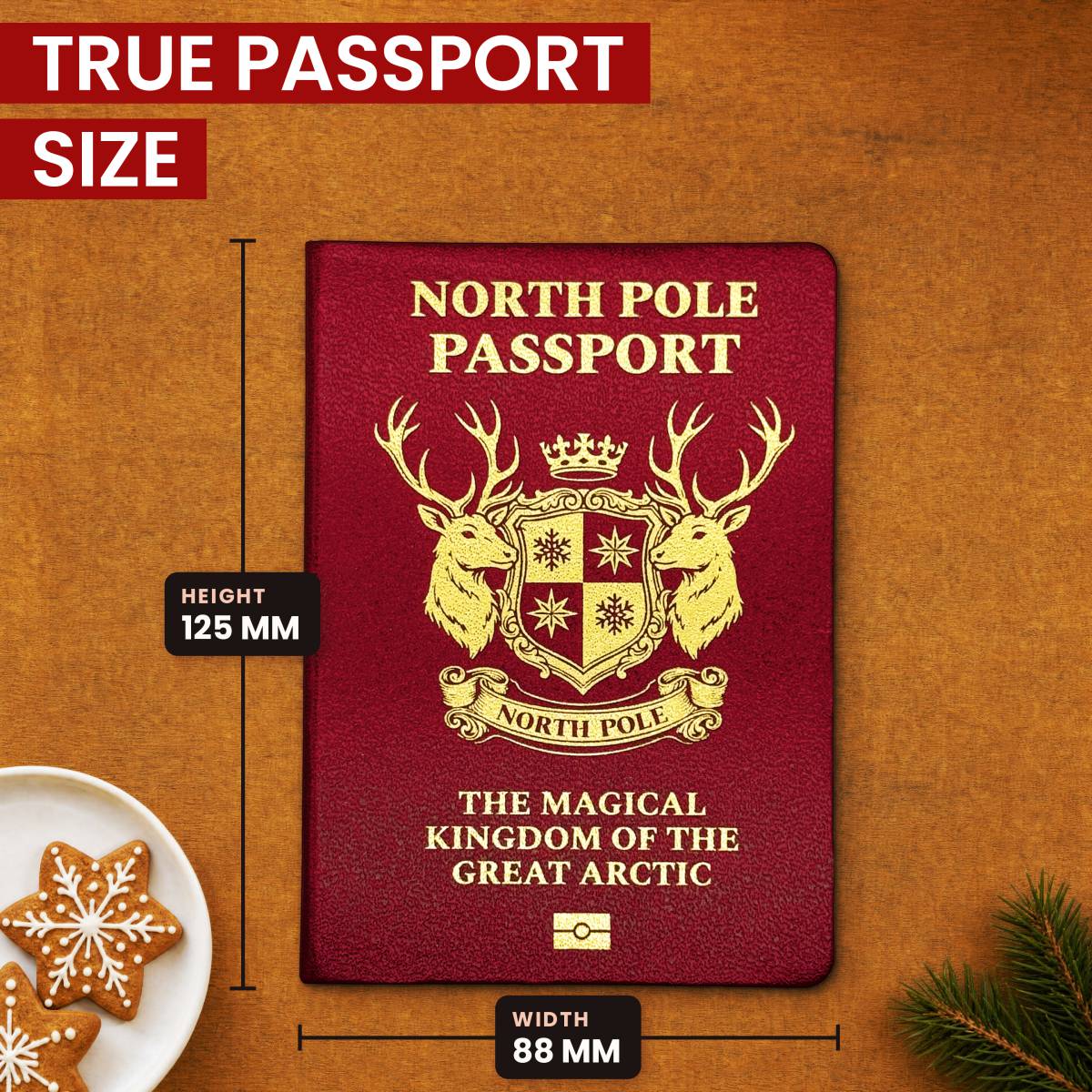 Santa's Lost Passport is true passport size, 125 mm by 88 mm