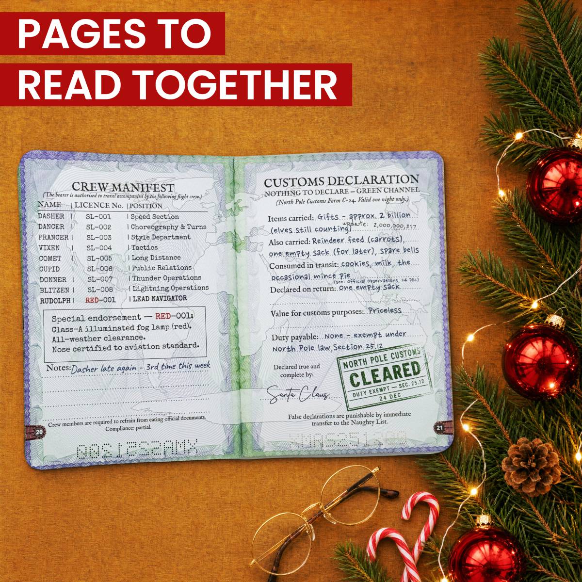 Santa's passport crew manifest and customs declaration pages, written to read together