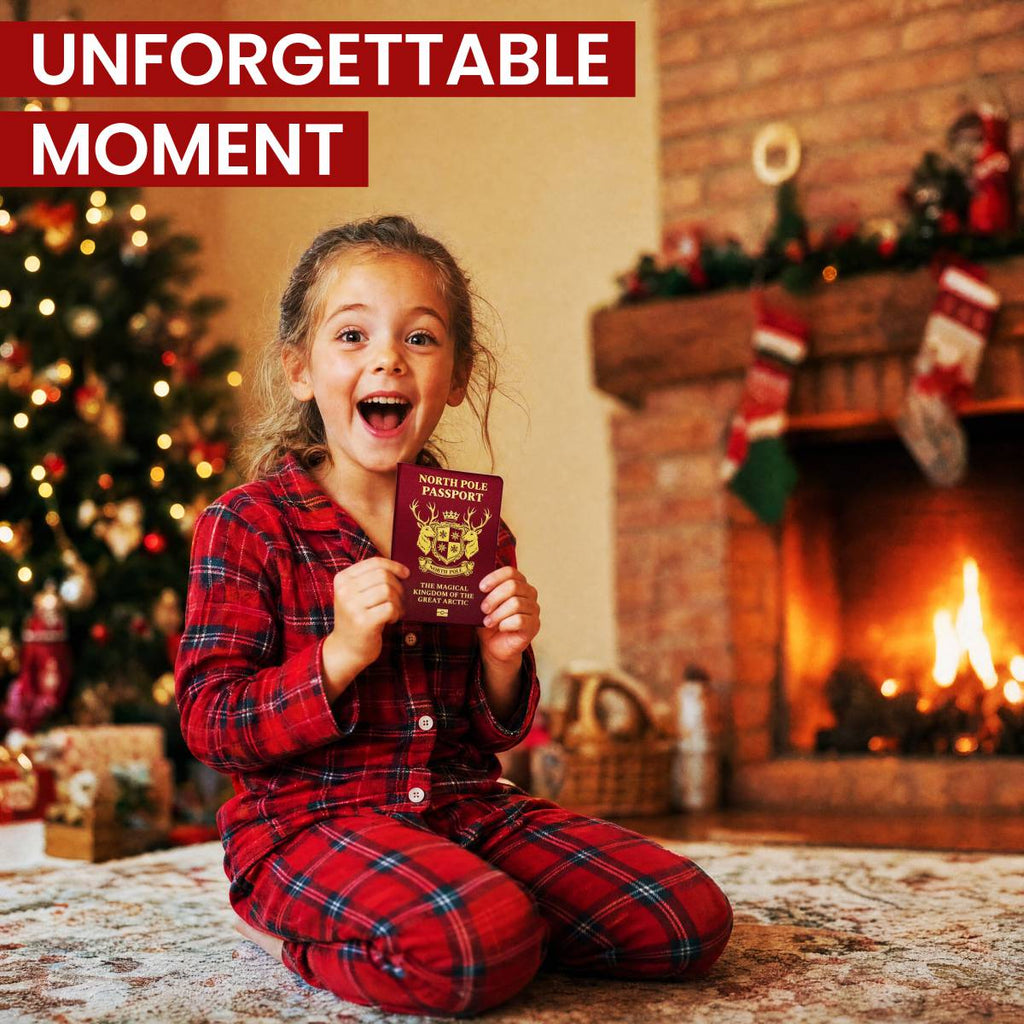A girl in Christmas pyjamas laughing as she holds up Santa's Lost Passport by the fire