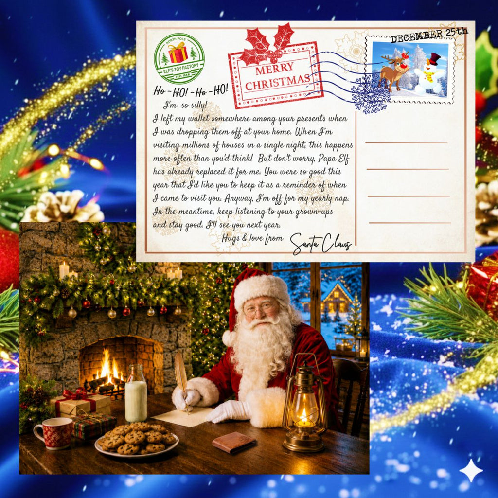 Santa's postcard for the morning after Christmas, with a picture of Santa writing it by the fire