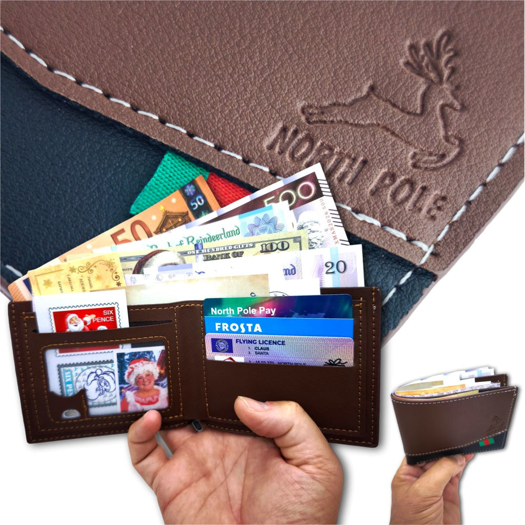 Deluxe Santa's Lost Wallet in two-tone brown and navy faux leather, held open to show the notes and cards inside