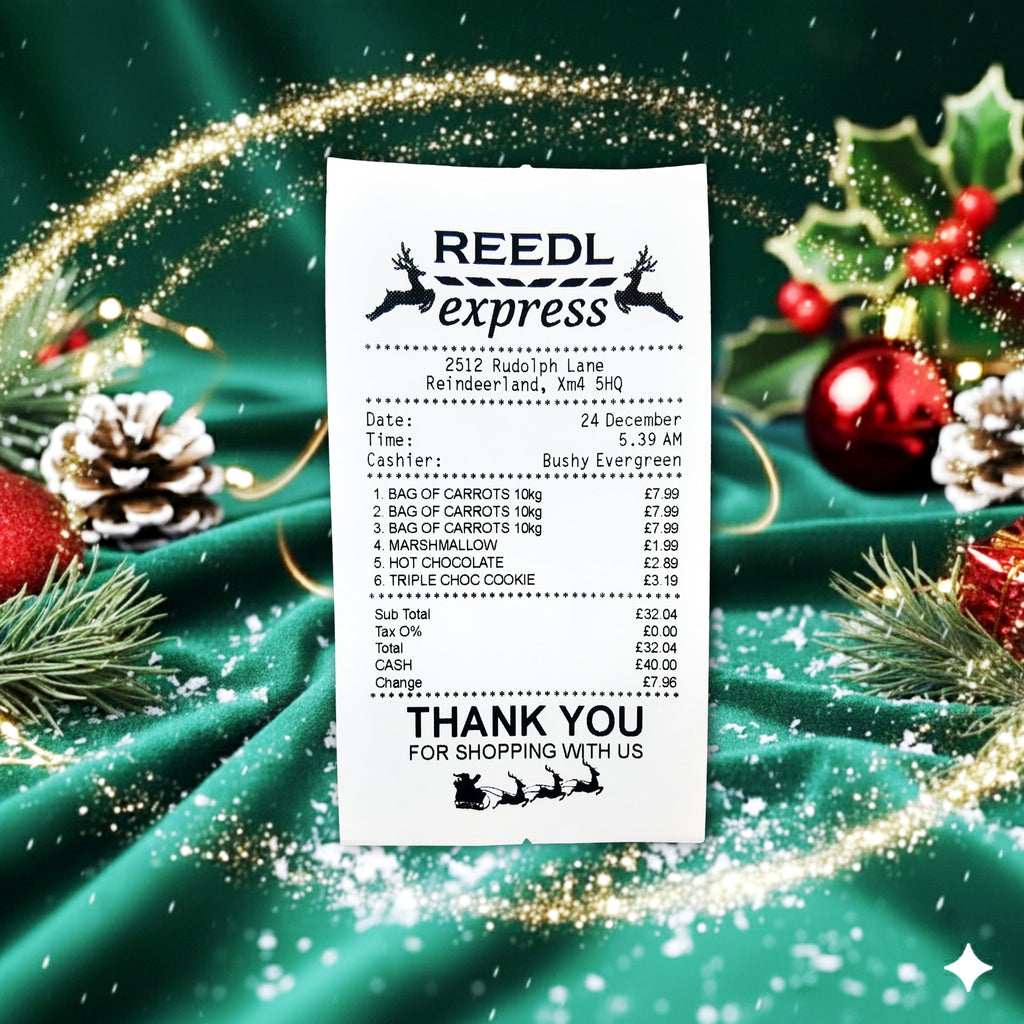 Reedl Express receipt matching the items on Santa's shopping list