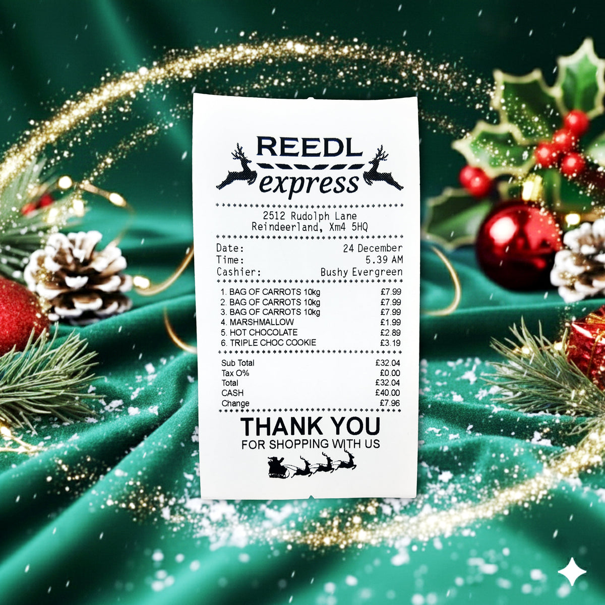 Reedl Express receipt matching the items on Santa's shopping list