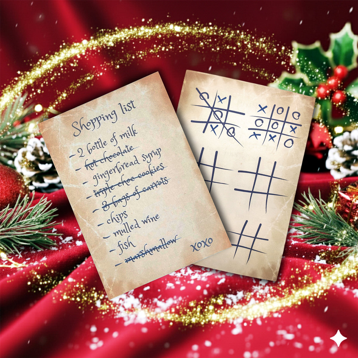 Santa's handwritten shopping list with noughts and crosses on the back